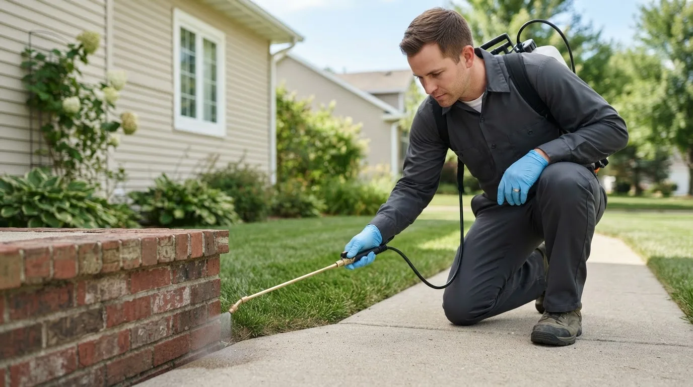Pest control technician treating a home near York, ME